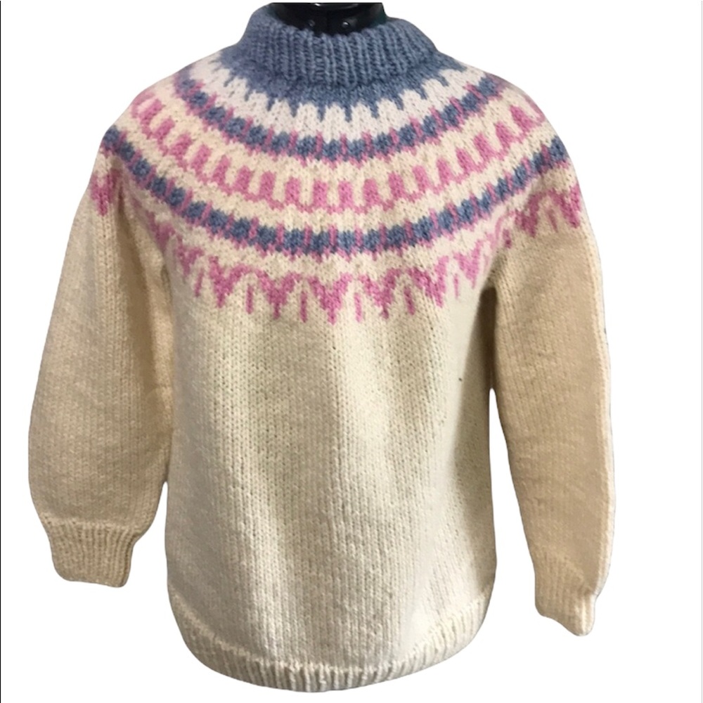 Vintage Hand Knit Fair Isle Sweater Cream Pink Blue EUC